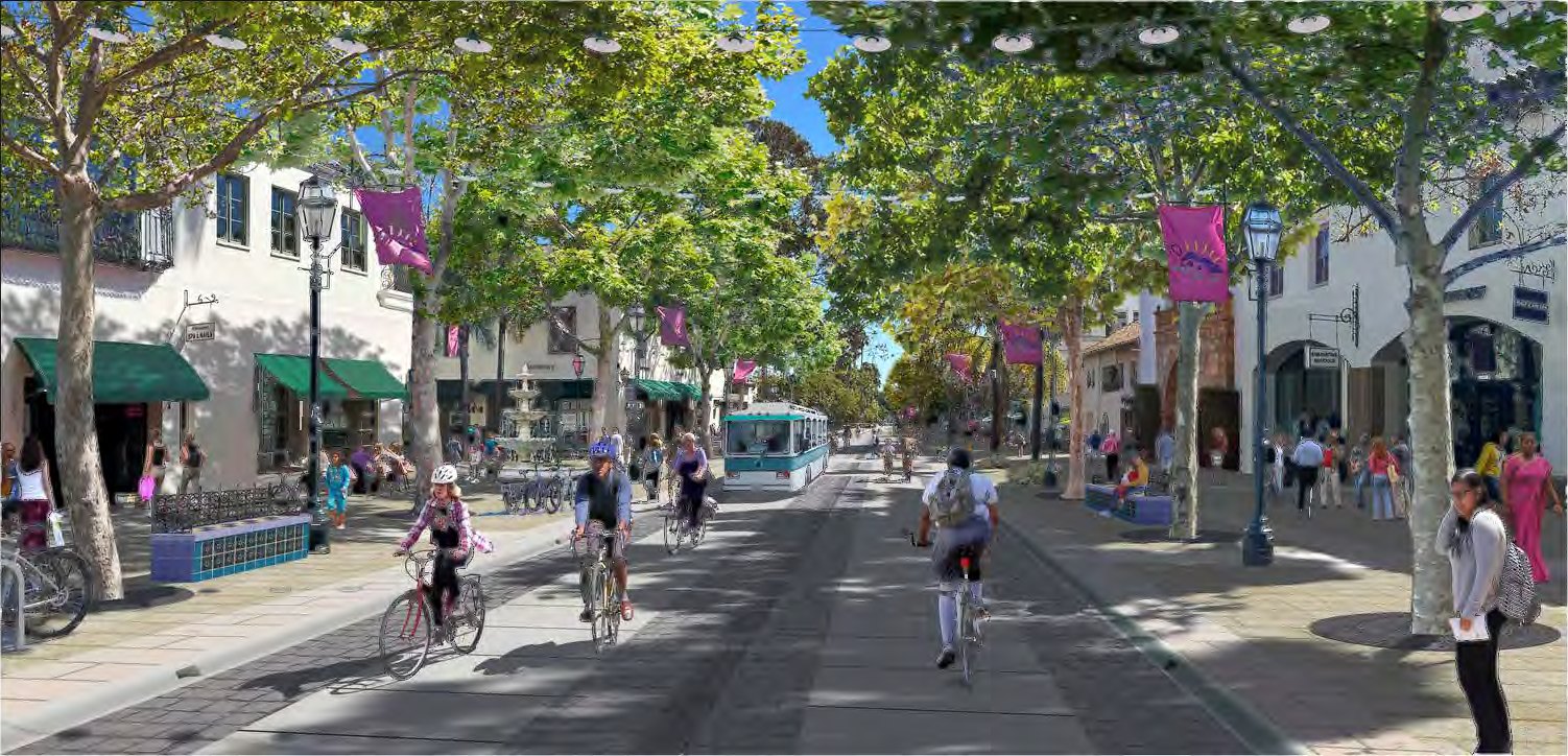 The plan’s conceptual rendering of State Street with trees, people, and a central travel lane